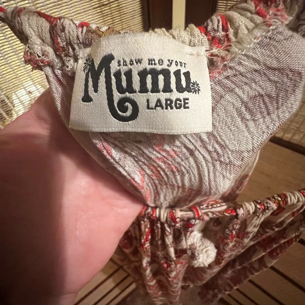 Show me your Mumu  rayon Pom Pom drawstring paisley dress   Red and taupe - Picture 7 of 11